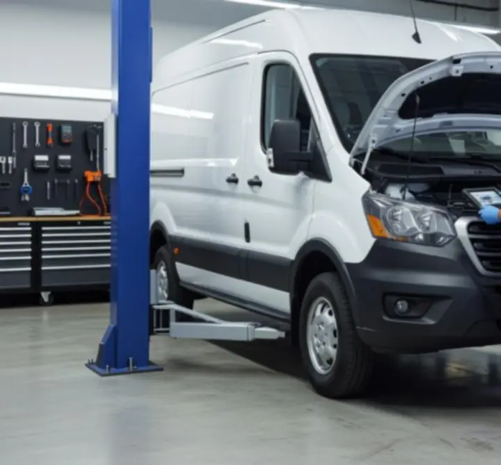 Werkplaats waar monteurs preventief onderhoud uitvoeren aan bedrijfsvoertuigen